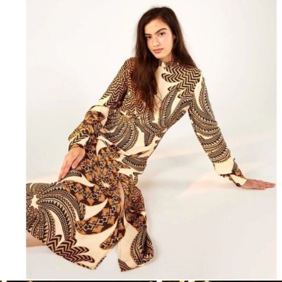 Farm Rio Midi Dress L Bodycon Long Sleeve Tropical Sand Yawanawa Vanahu - Picture 5 of 13